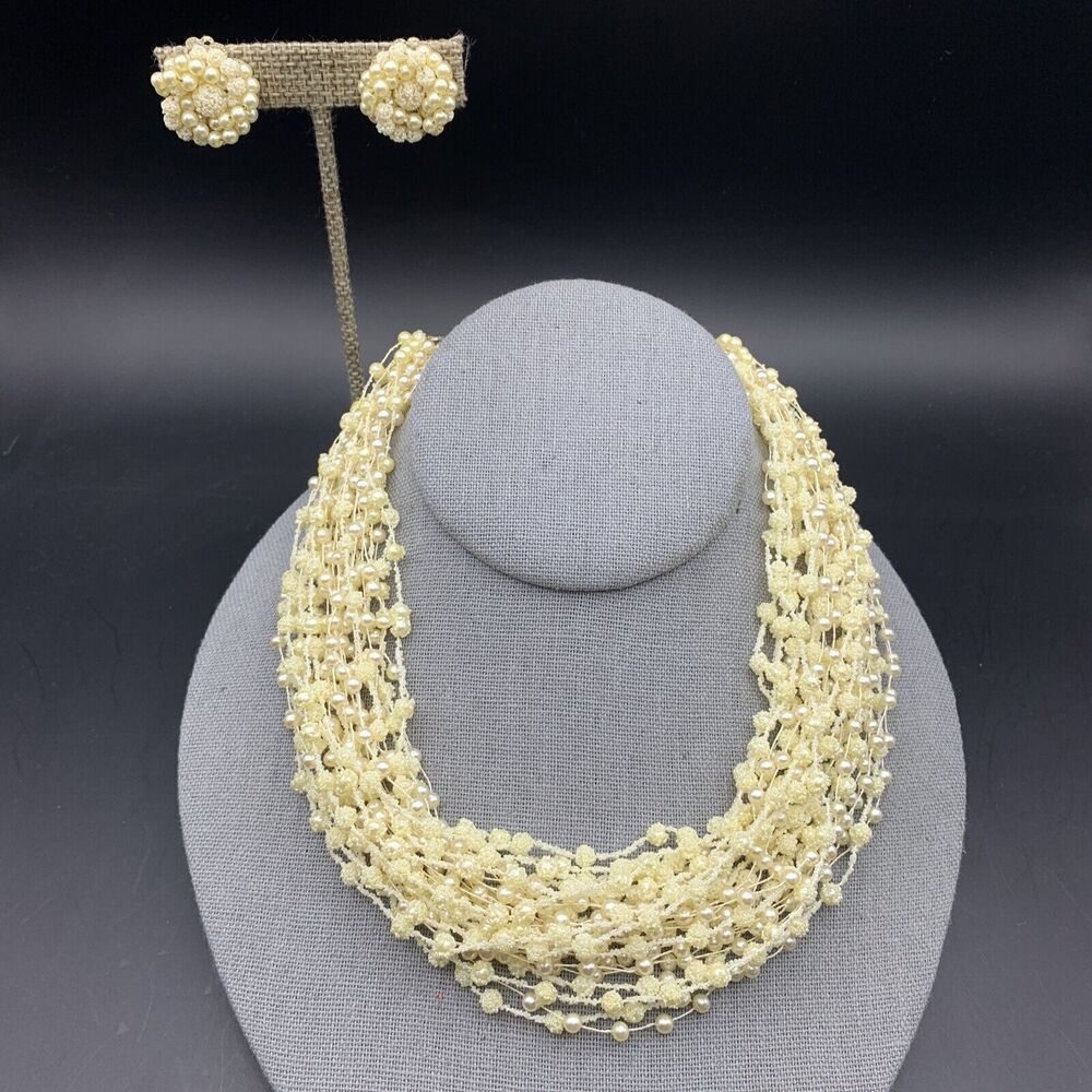 Multi Strand Faux Pearl Necklace Earrings Set Beaded Mid Century Classic Vintage